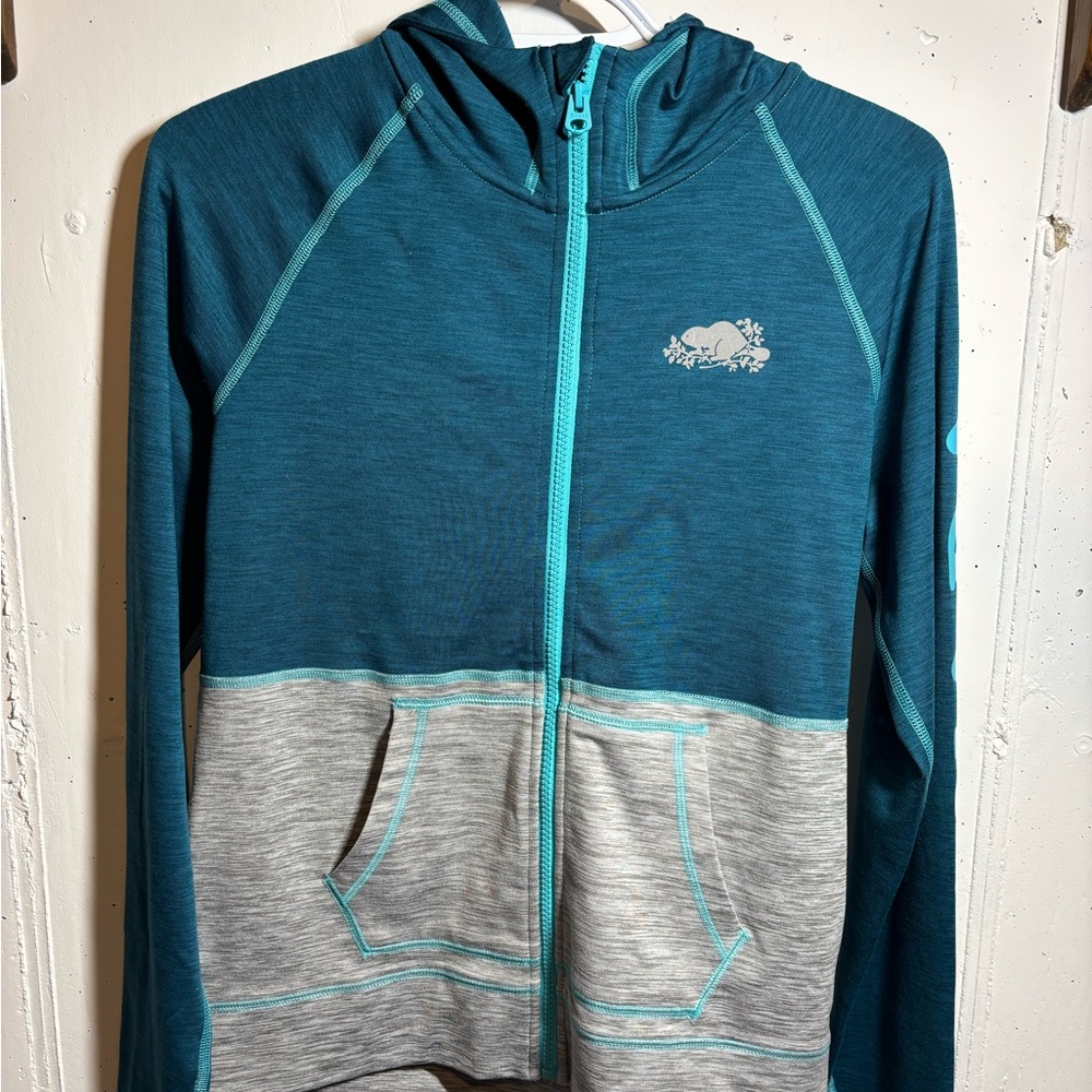 Kids Roots Teal and Gray Zip Up Sweater